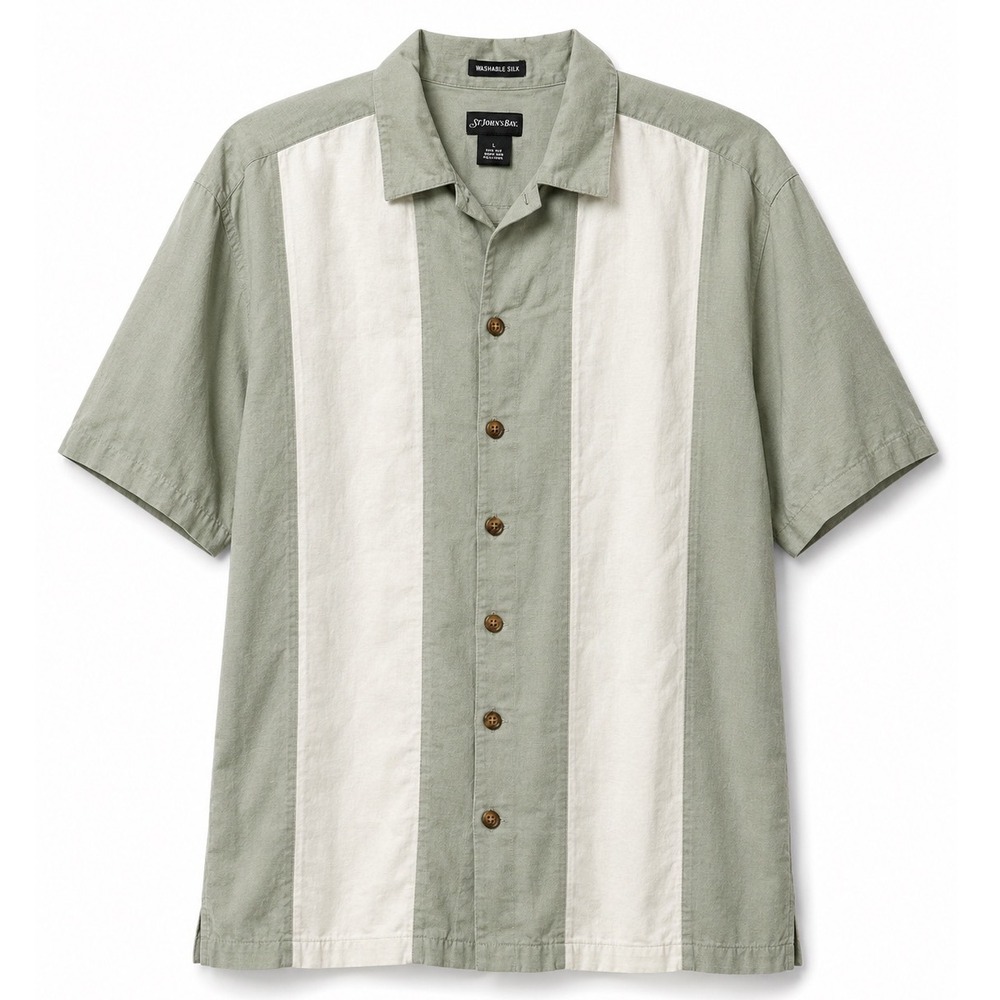 St Johns Bay Men L 100% Silk Shirt Sage Green Ivory Camp Hawaiian Coastal resort